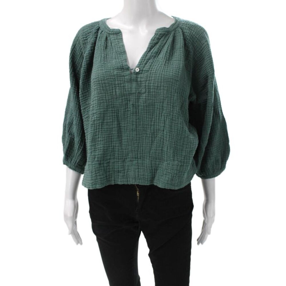 Neve & Hawk Womens V-Neck Cotton Blend 3/4 Sleeve Basic Blouse Green Size M